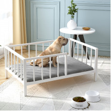 OSCHF Dog Bed with Rails - Elevated Pet Metal Bed Frame with Solid Wood Board and Washable Soft Mat for Medium Dog Indoor or Ourdoor Use, 25.2" x 37.8", White