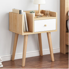 NELYE Wooden Nightstands with Storage Drawer and Bookcase for Bedroom